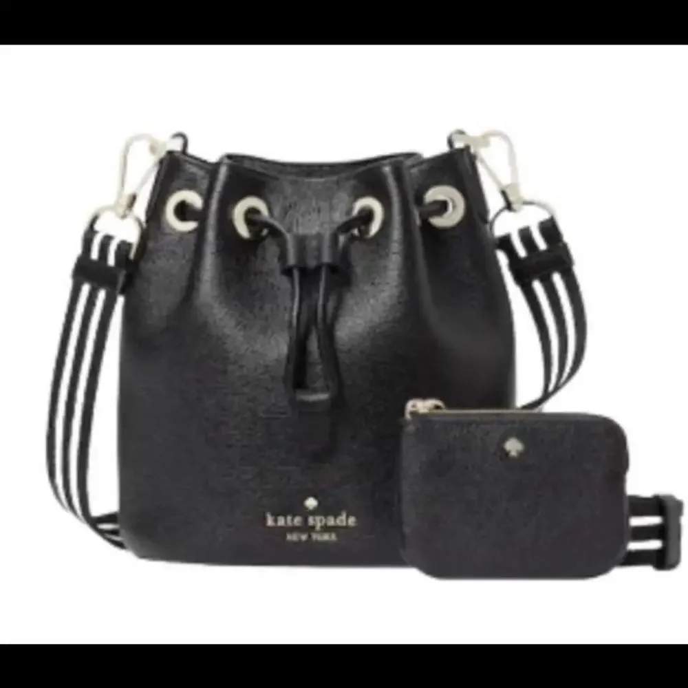 kate spade Black Textured Leather Mini Drawstring Bucket Bag with Coin Pouch